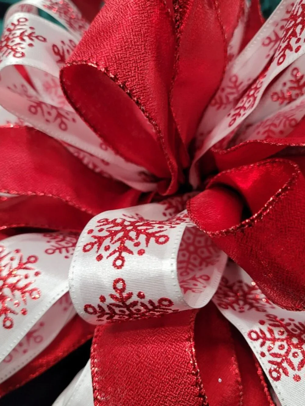 Christmas Tree Bow Topper, Red Snowflake and Red Ribbon Tree Topper 44 Loop Bow